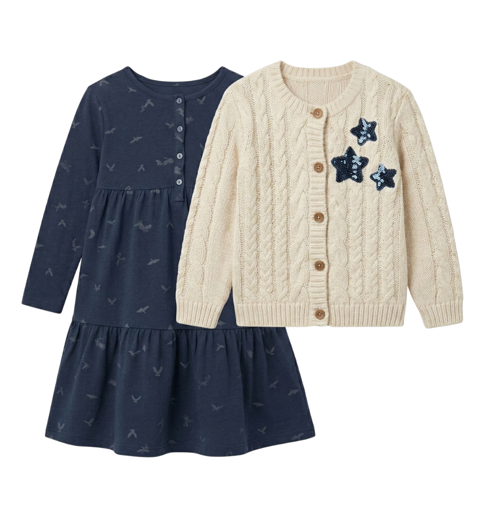 2er Set | Blaues Kleid mit Strickjacke